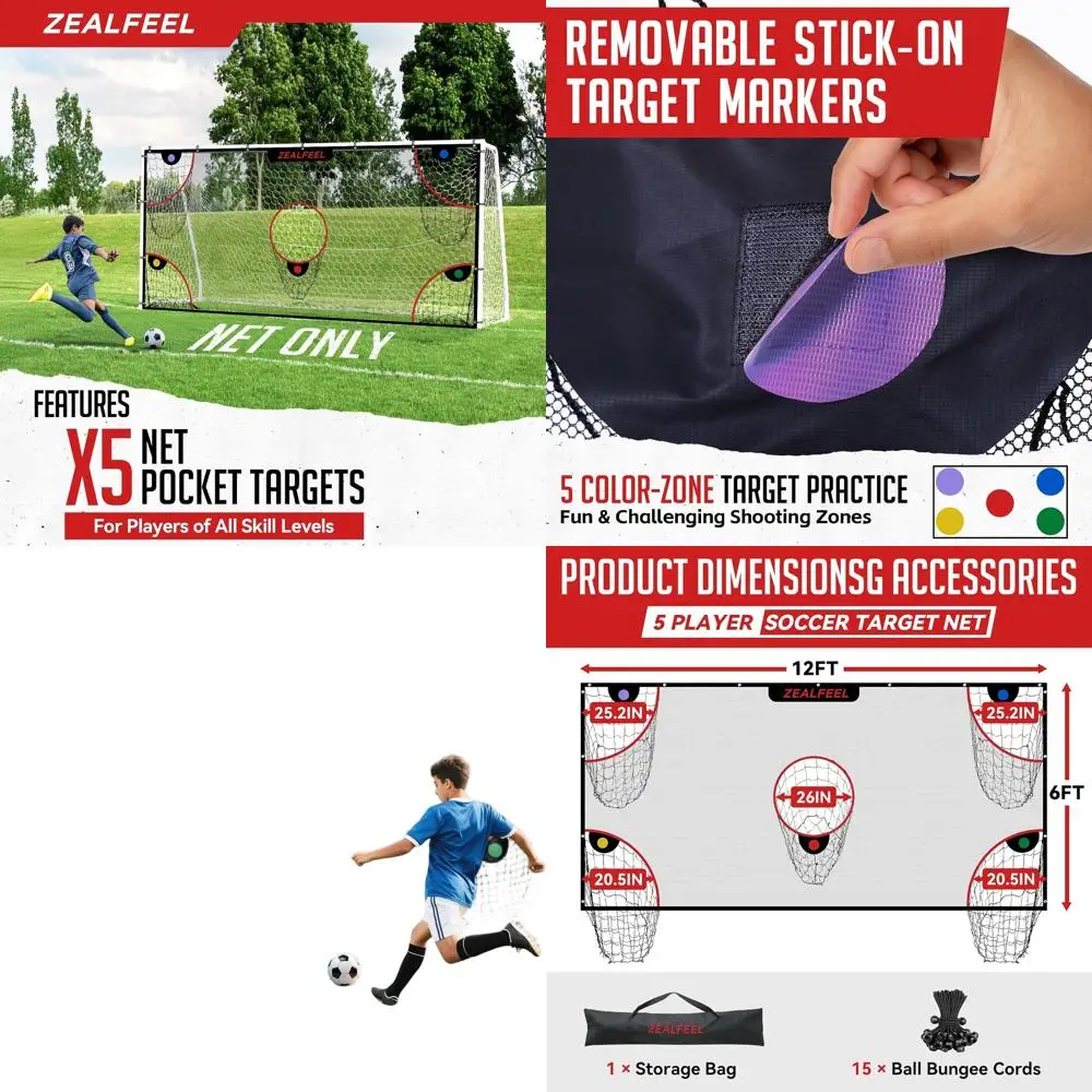 

Portable Soccer Training Net, 12x6ft Goal with 5 Scoring Areas, Durable Mesh, 3 Steel Rods, Removable Markers