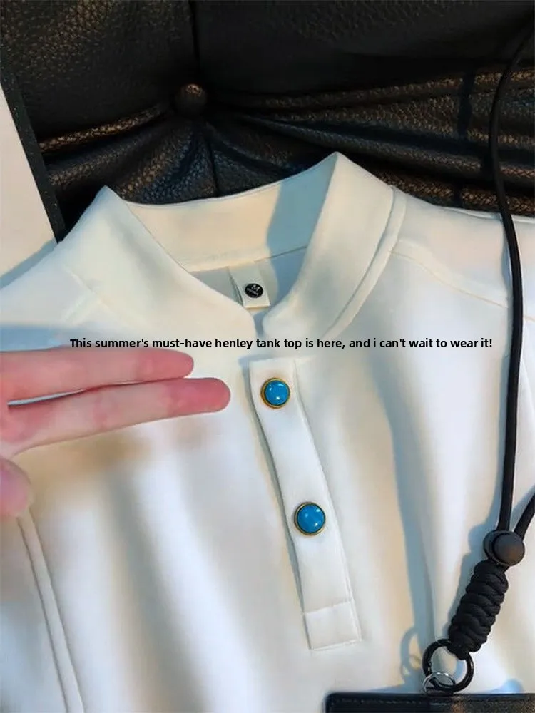 Cleanfit Turquoise Henry Collar Vest Men's Summer Deconstructed Sleeveless T-Shirt High-End American Shoulder Casual Style