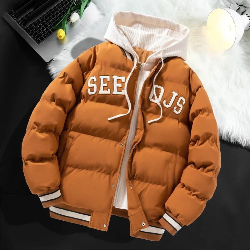 New 2024 Puffer Jacket Men Fashion Harajuku Fake 2 Pieces Embroidered Warm Windproof Parka Male Preppy Thickened Jacket Winter