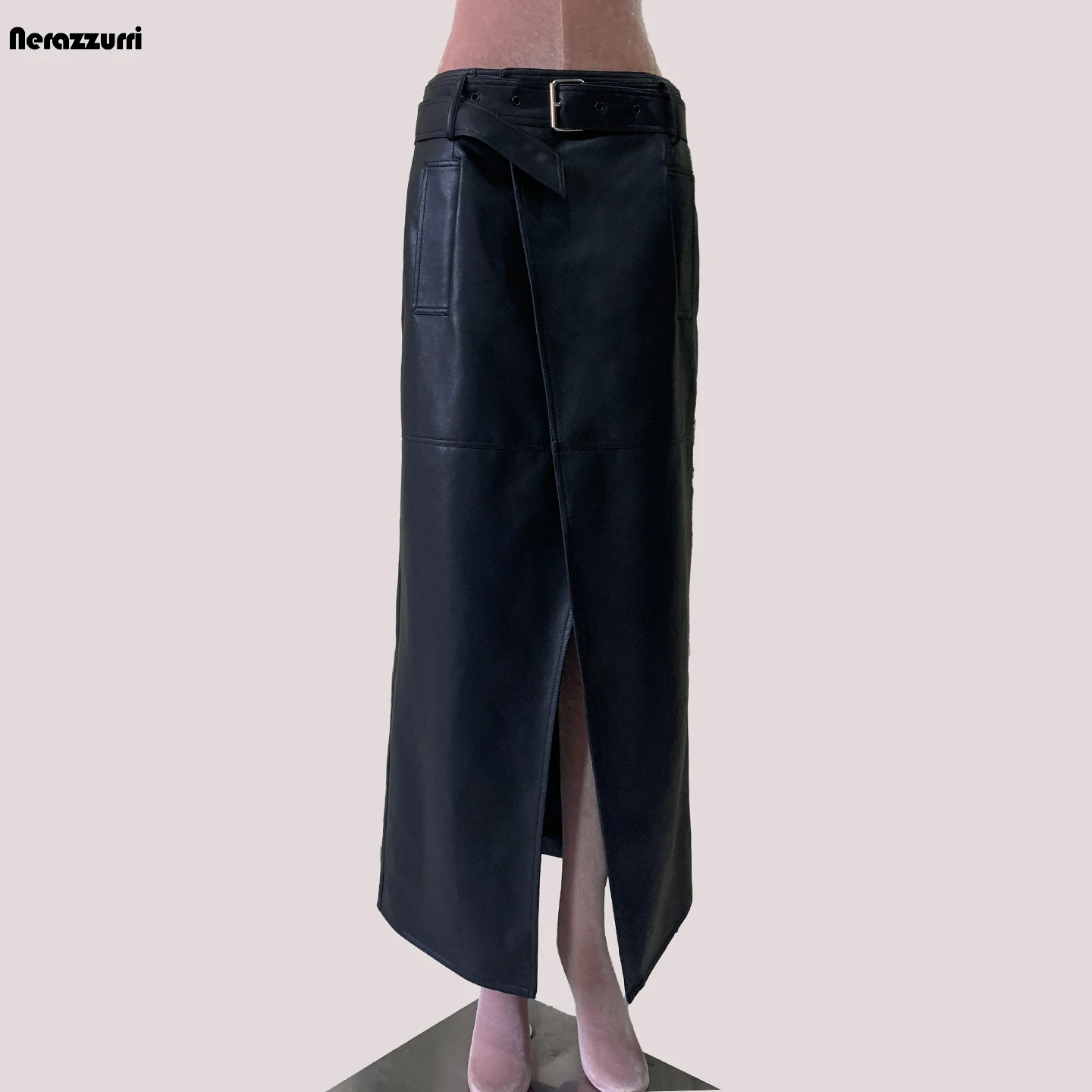 

Bla PU Leather A-Line Skirt Long f-length Women's High Waist Belted Front Slit Simple Sle Girls' Skirts