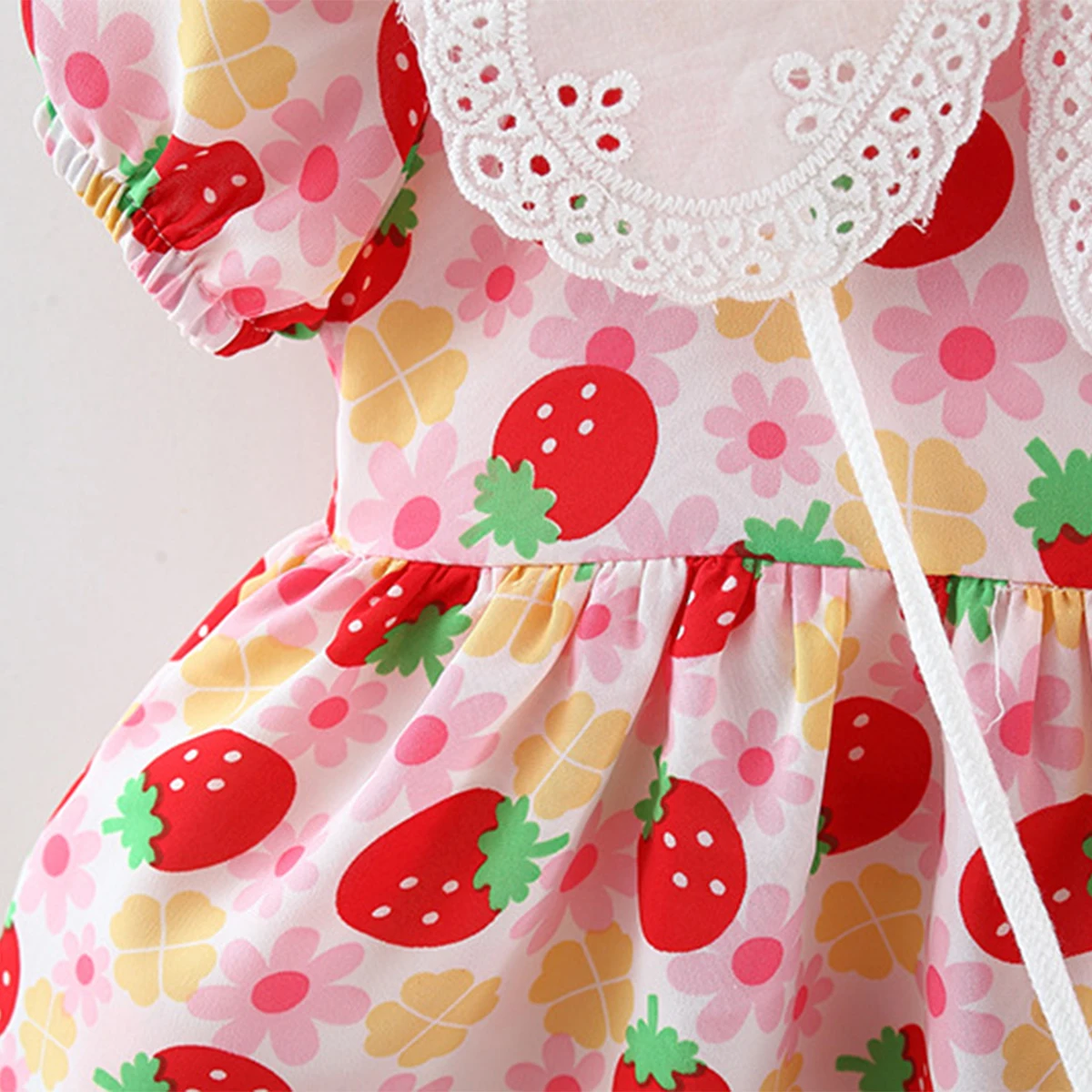 2Pcs/SetSummer full of strawberries rolled collar cotton dress for girls short sleeved dress with small flower bag as a gift