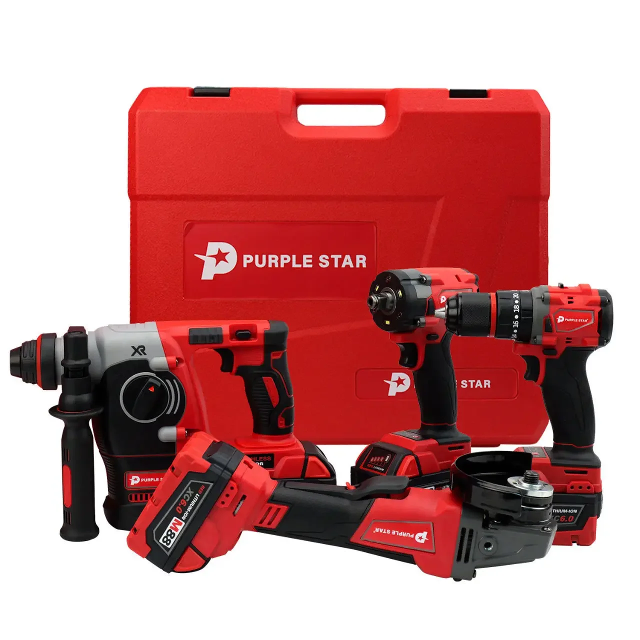 red  cordless tool set 10 in1 Brushless hammer drill impact wrench Angle grinder 4machines 4 batteries 2 charger