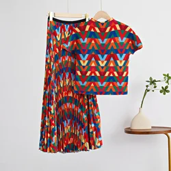 2023 Summer New Miyake Wrinkled Fashion Slim Fit Small Shirt Printed Hundred pleated Half skirt Two piece Set for Women