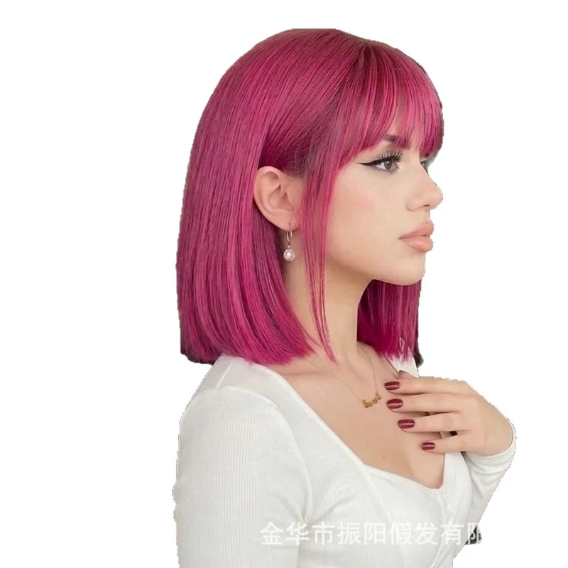 New rose red short straight hair with bangs everyday synthetic fiber full bob style wig