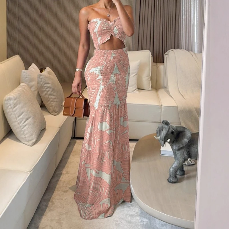 فستان نسائي طويل مثير مطبوع عليه نباتات استوائية برباط مطوي لصيف 2025 ملابس للعطلات فساتين شاطئ مكشكشة مقصوصة للفتيات #2
