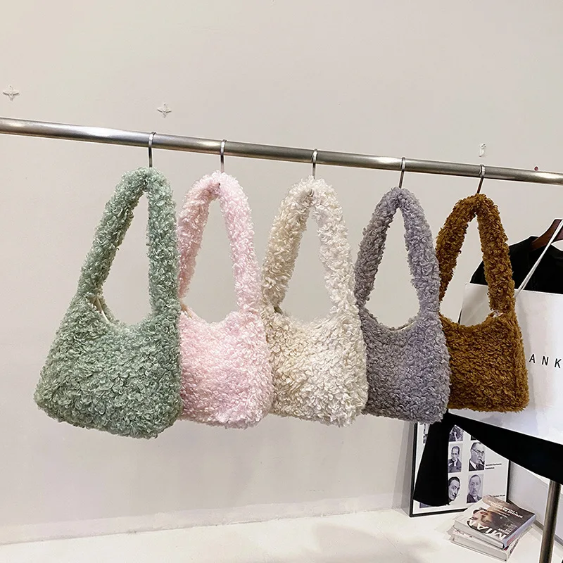 Soft Plush Women\'s Small Shoulder Bag Winter Faux Lamb Wool Female Underarm Bags Casual Ladies Fluffy Clutch Purse Handbags