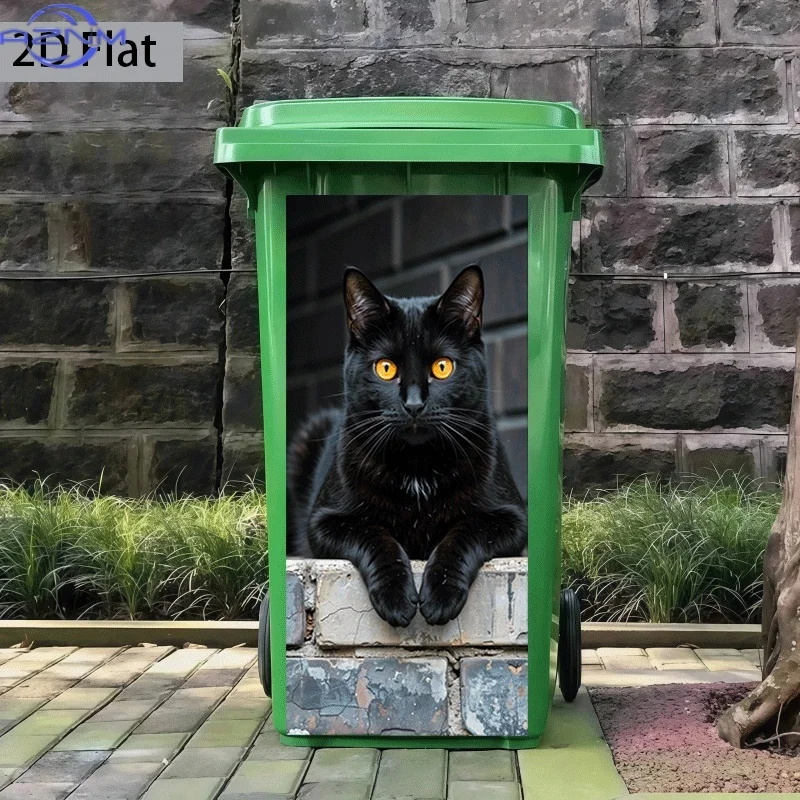 [] Trash Can Sticker Black Cat Gazing at Brick Wall Theme Design Wall Sticker Decoration Wallpaper Self-Adhesive Kitchen Trash