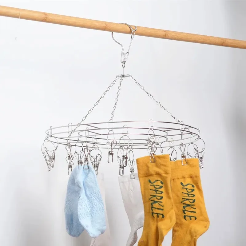 Stainless Steel Sock Rack With Thick Multi-clip Sock Drying Rack Round Clothes Hanger Multi-functional