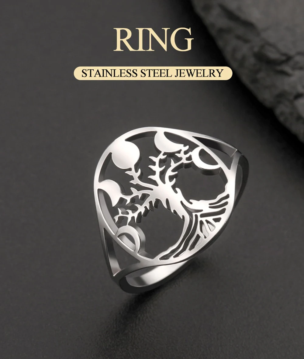Dawapara Mondphase und Baum des Lebens Frauen Ring Mond göttin Symbol Wicca Glück Amulett Edelstahl heidnischen Schmuck – Detail 1