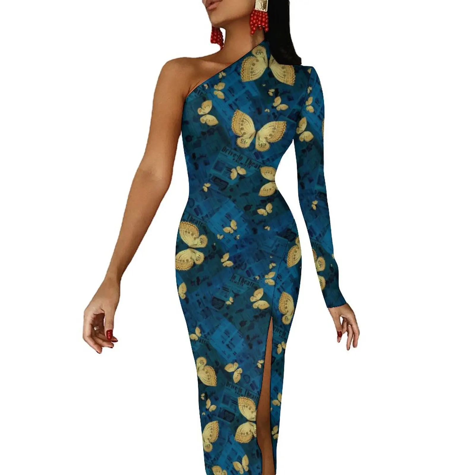 

Old Newspaper Maxi Dress Long Sleeve Gold Butterflies Print Modern Bodycon Dress Autumn Party Long Dresses Lady Pattern Vestidos