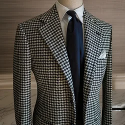 Houndstooth-blazer voor heren 2024, klaar om te verzenden, geruite notch-revers mannelijk colbert, stijlvolle herenmodejas