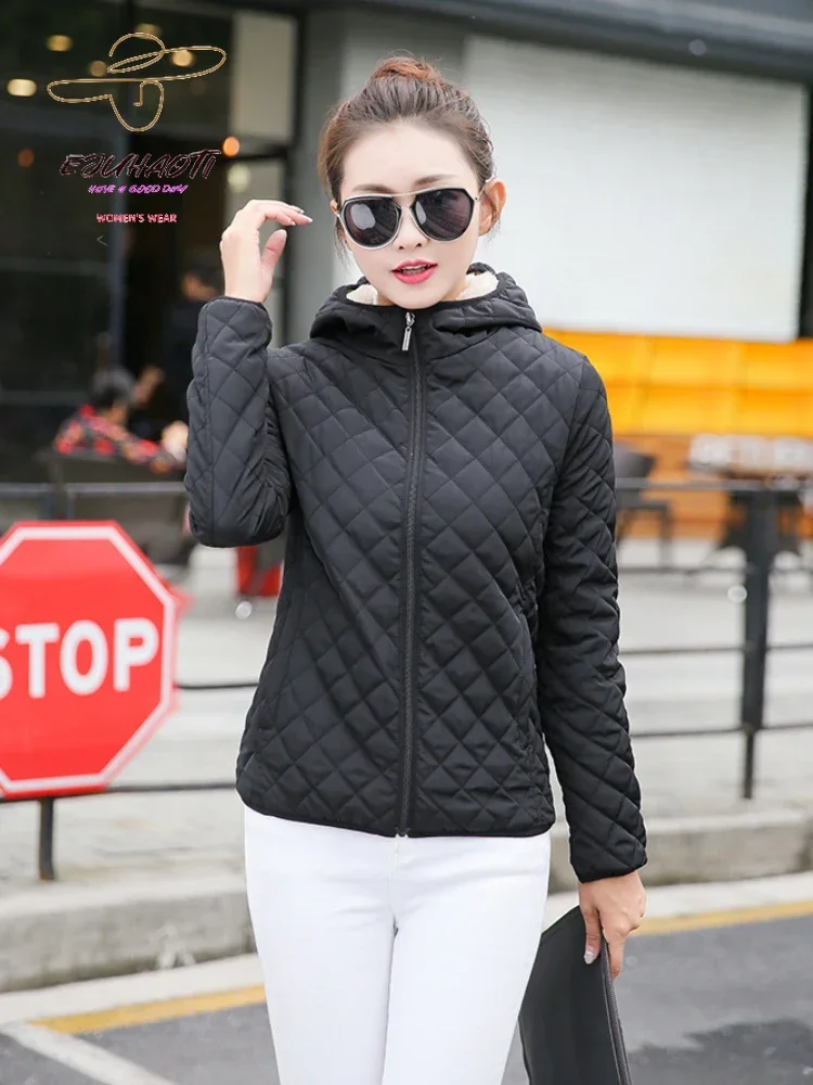 Women\'s Jacket 2024 New Parkas Winter Korean Fashion Slim Check Hooded Binding Off Warm Cotton Clothes Oversize Women Coat Tops