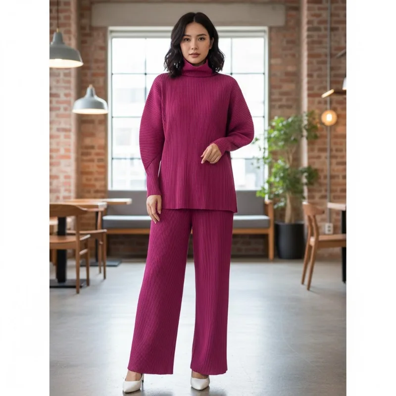 

Комплект плиссированных брюк Miyake: свитер с высоким воротом и плиссированные брюки, 2 предмета, новинка весны 2026, прямые широкие брюки, повседневный комплект