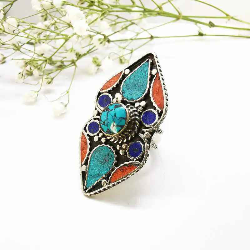 Tibetan Big Rings for Man White Metal Copper Inlaid Colorful Stone Ring R242