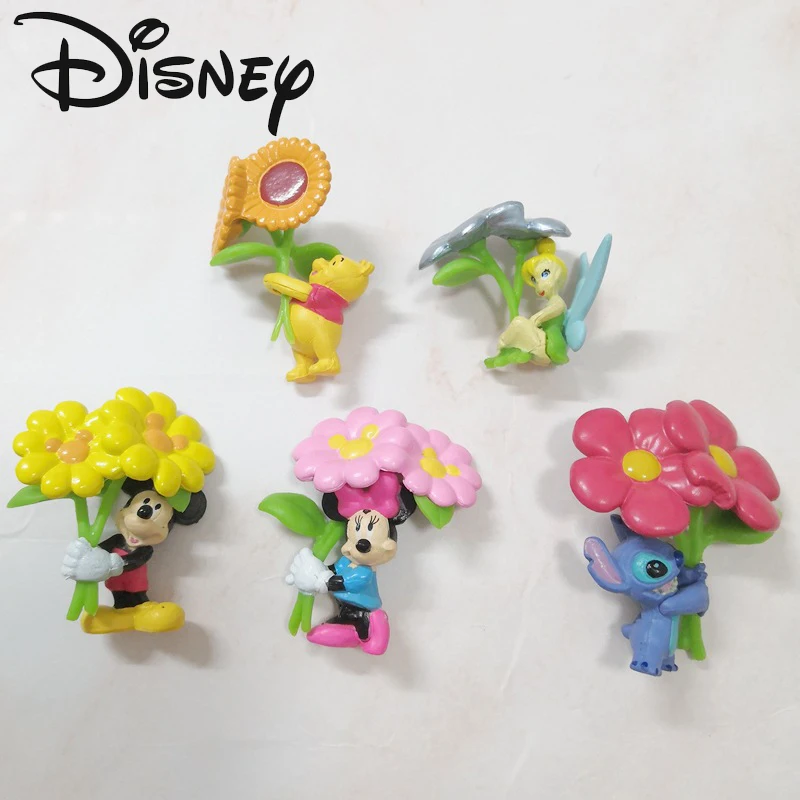 5pcs/set Disney Flower Language Series Winnie Mickey Mouse Stitch Hand Bouquet Figures Model Doll Cute DIY Ornaments Kid Gift