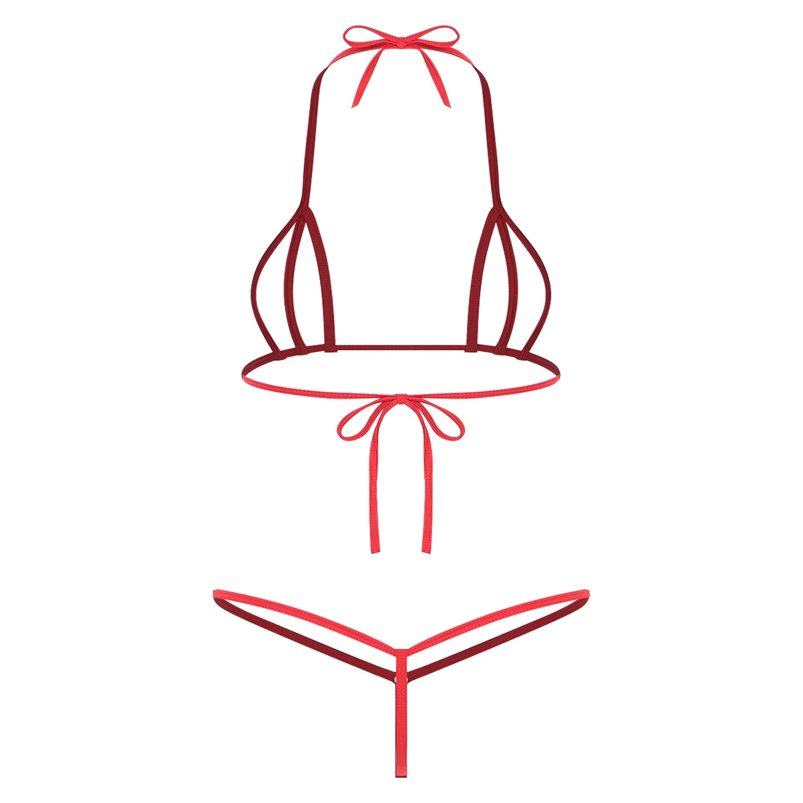 Womens Micro Bikini Swimsuit Lace-up Halter Bra Top And T-back Thong Bikini Swimwear Underwear Lingerie Set Beach Bathing Suit