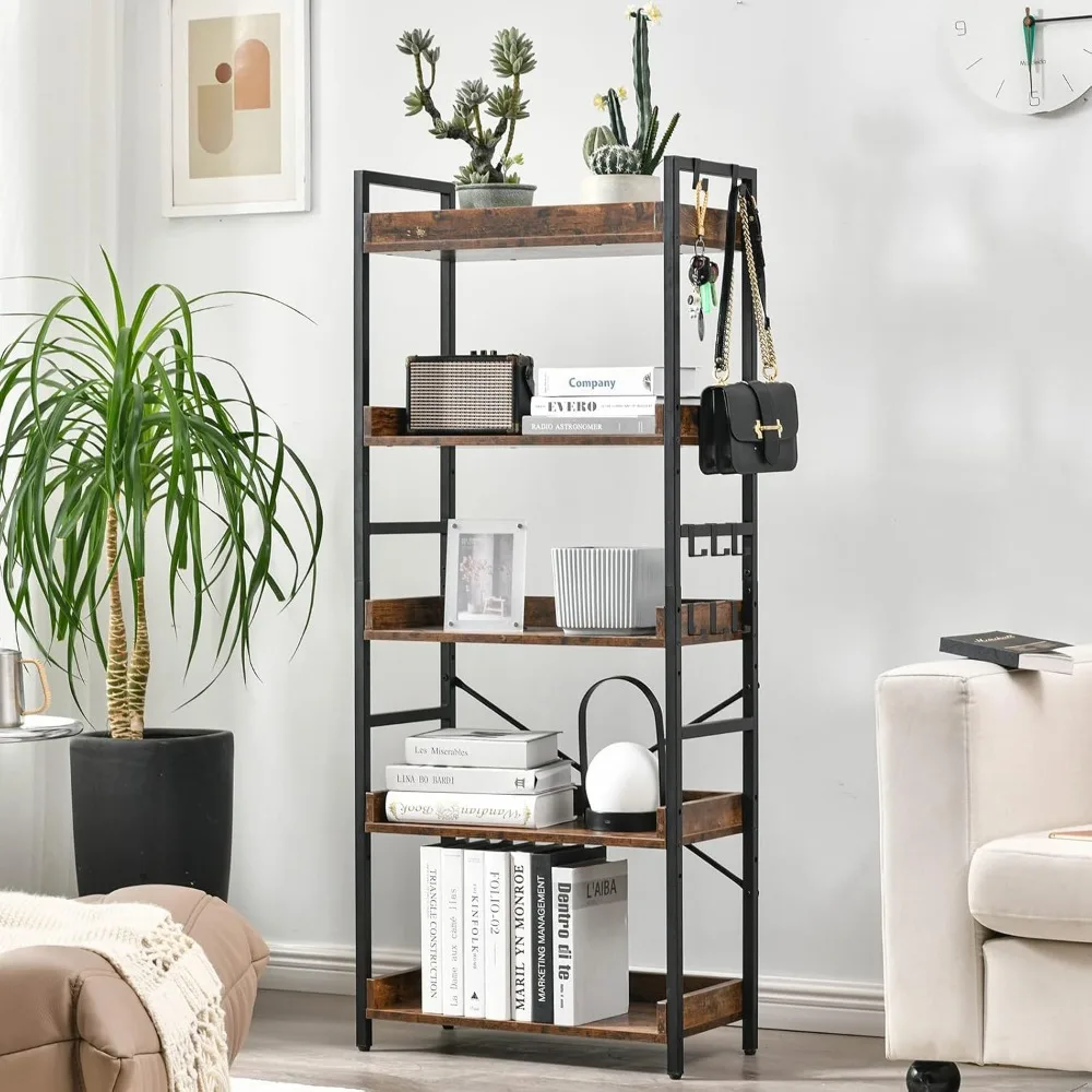 Adjustable 5-Tier Open Bookcase, Rustic Farmhouse Industrial Wood & Black Metal Shelves for Home Office Living Room Bedroom