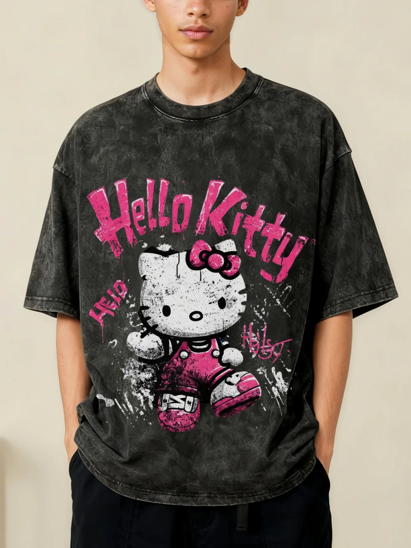 

Sanrio Themed Short-Sleeve T-Shirt, Hello Kitty Character Tee, Fashionable Vintage Washed Casual Cosplay T-Shirt