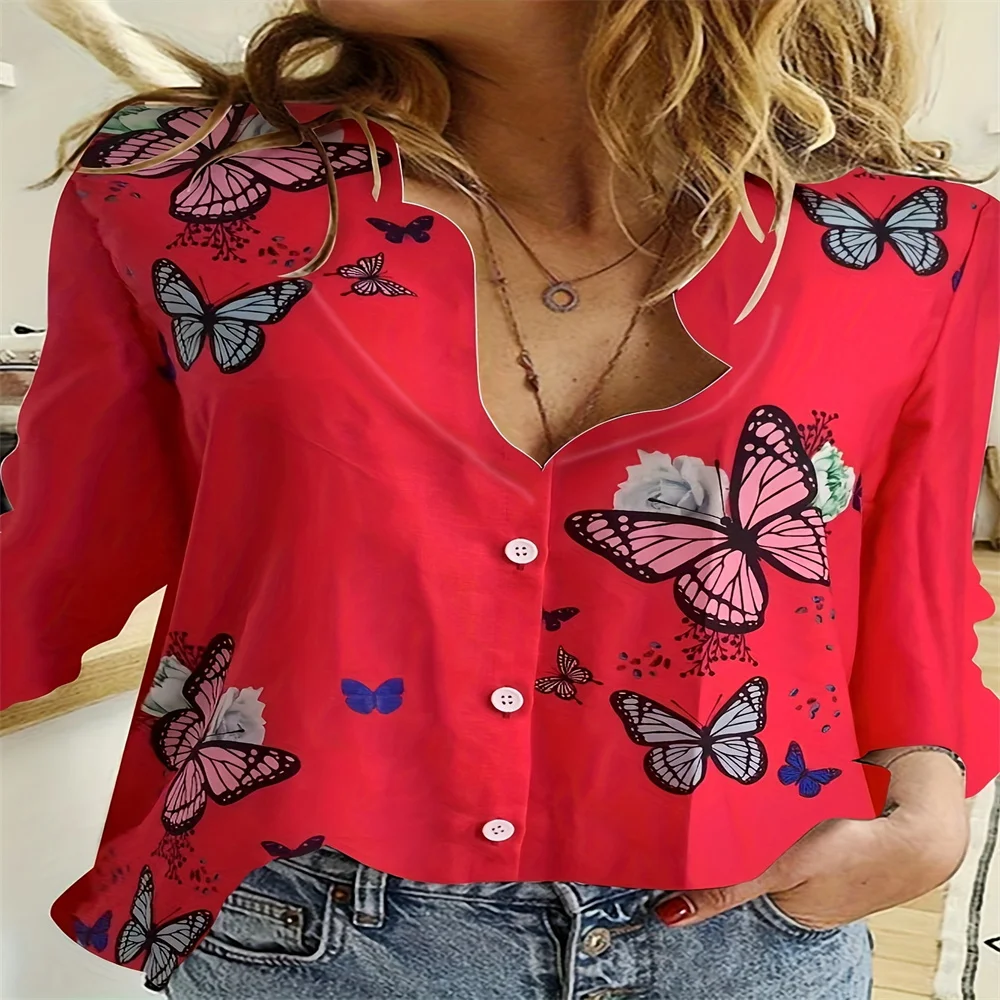 Women\'s Colorful Chic Long Sleeved Butterfly Printed Button Down Shirt With Elegant Spring And Autumn Women\'s Essential Item