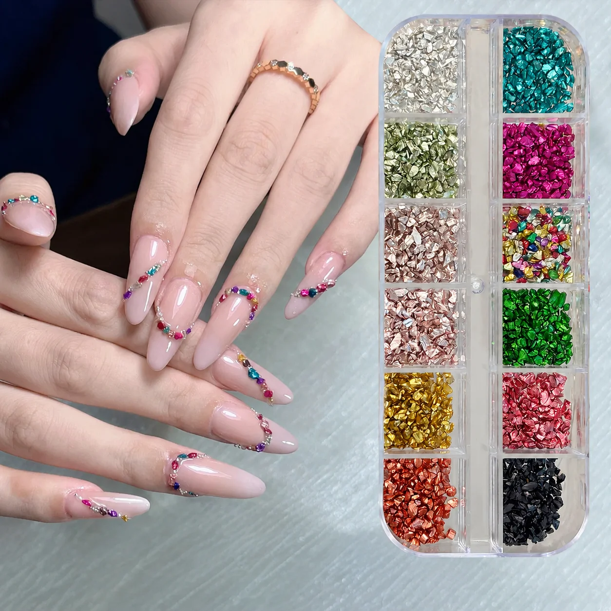12 Grids Irregular Gold Foil Crushed Stone Nail Charms Multicolor Metallic Broken Flakes Nail Art Decorations DIY Manicure Acces