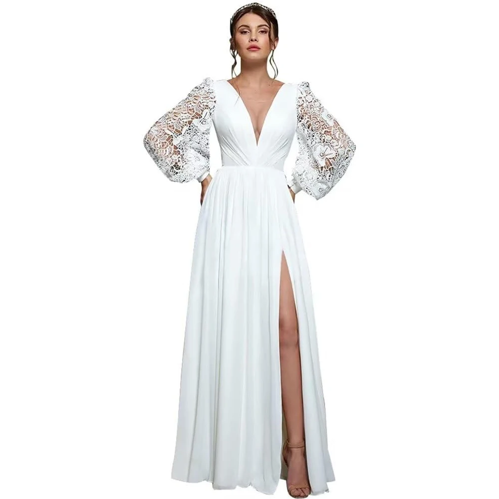 Abiti da damigella d'onore a maniche lunghe abito da ballo in Chiffon abito da sposa lungo in pizzo con scollo a V abiti formali con fessura evento donna