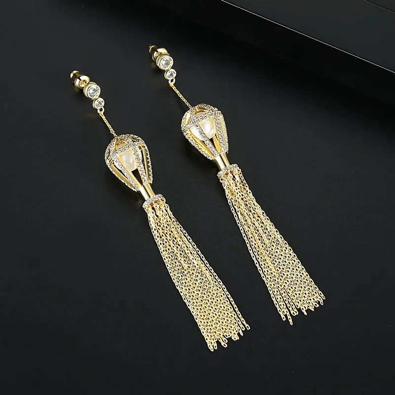 FXLRY Luxury Gold Color Micro Paved Zircon Boho Design Lantern Tassel Long Drop Earrings for Women Girls Party Jewelry