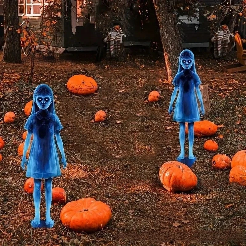 1/2 шт. Хэллоуин маленькая девочка металлический садовый пост ужас маленькая девочка дворовый пост 2d Хэллоуин дверной баннер со светящимся синим цветами