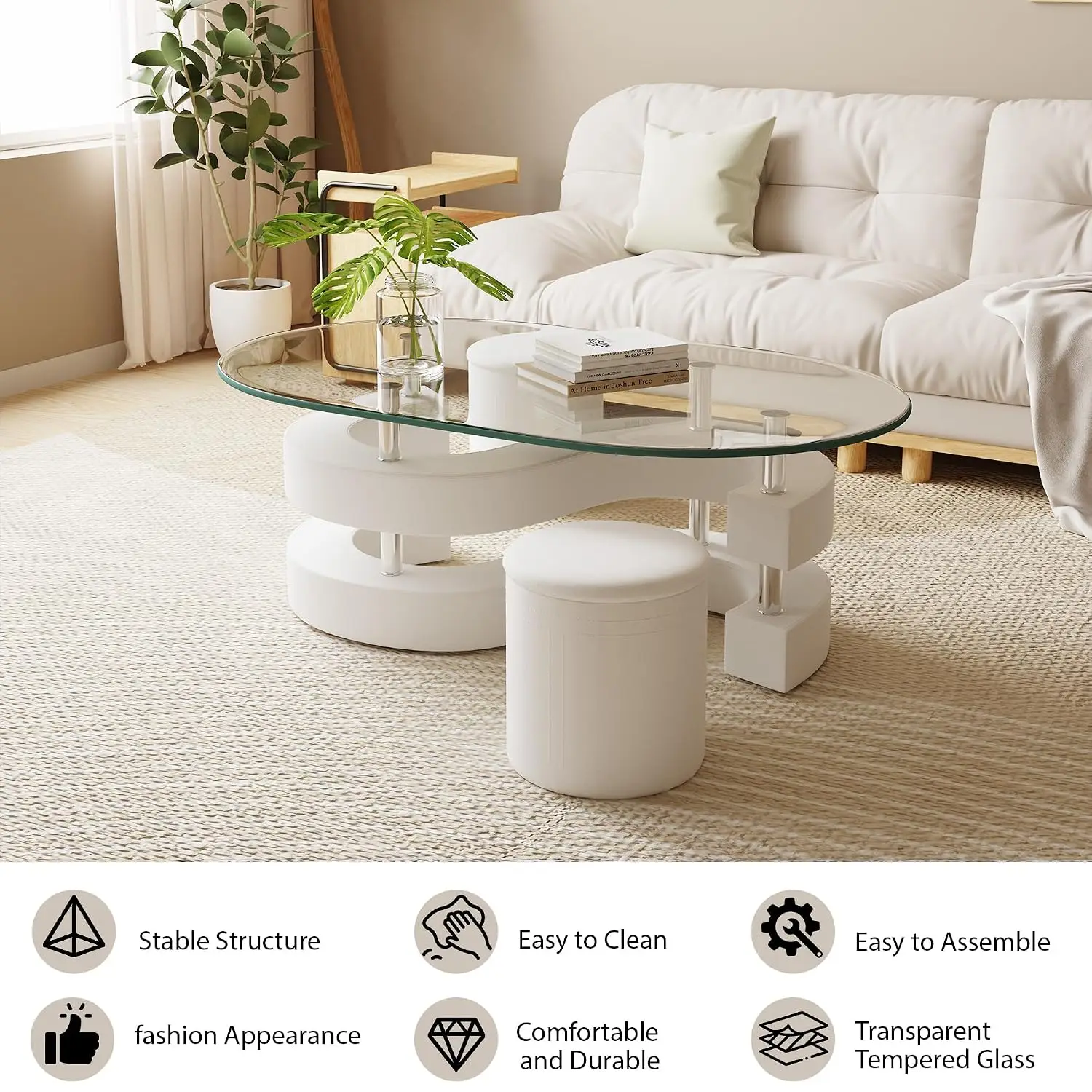 Oval Glass Coffee Table Set 3, 0.39