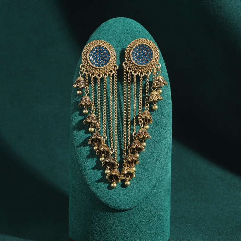 

Vintage Jewelry Blue Flower Tassel Long Earrings Large For Woman Antique Gold Color Chain Rhinestones Luxury Designer Statement