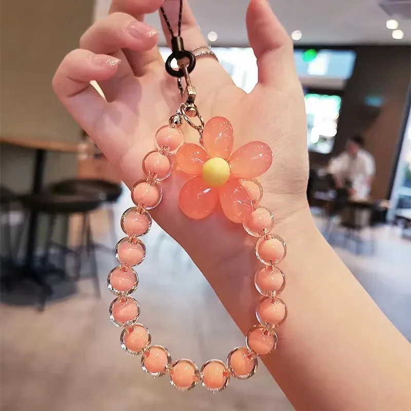 Colored bead petal Lanyard for IPhone Anti-Lost Bracelet for Samsung Mobile Phone Case Wrist Strap Car Keychain Cute Phone Charm