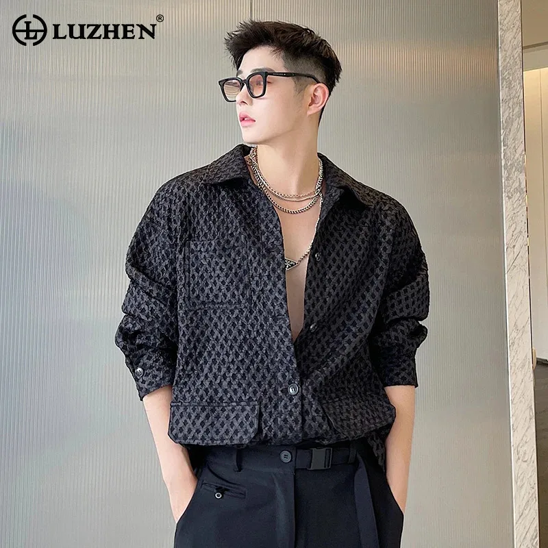 

LUZHEN Fashion Elegant Solid Color Long Sleeve Shirts Men's Original Mesh Loose 2024 New Tops Korean Reviews Many Clothes LZ3365