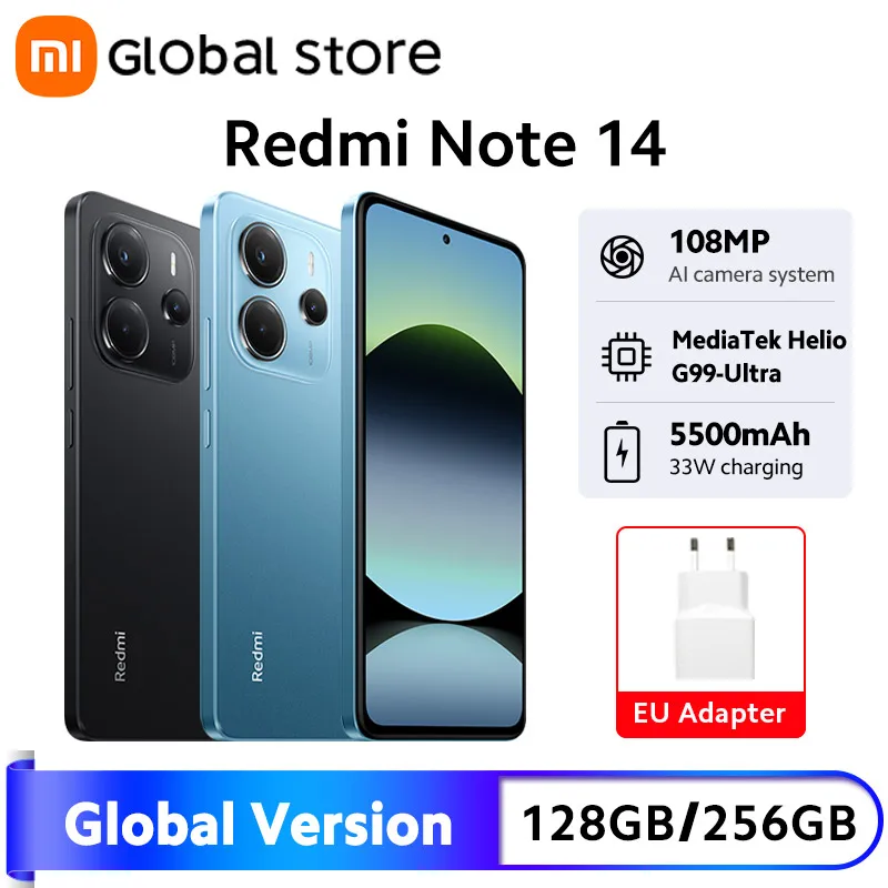 글로벌 버전 샤오미 레드미 스마트폰, 노트 14, 128GB, 256GB ROM, MediaTek Helio G99-Ultra, 108MP 카메라, 6.67 인치 AMOLED, 5500mAh 