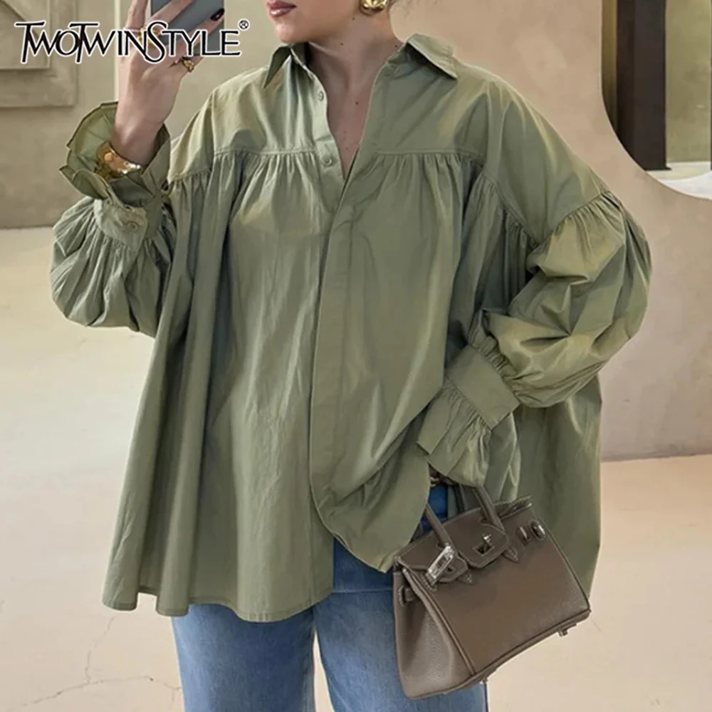 

TWOTWINSTYLE Solid Splied Folds Loose Blouses for Women Lapel Long Sleeve Temperament Shirts Female Fashion Style New