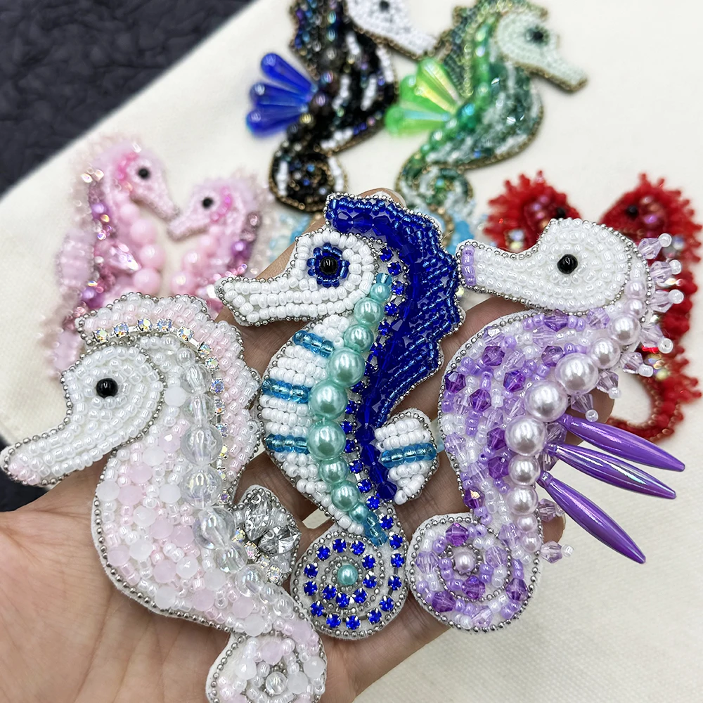 Halobios Sea Horse Patches Badges Crystal Beading Appliques Patches Sew on Clothing Shose Bags DIY Rhinestone Delicate Handmade