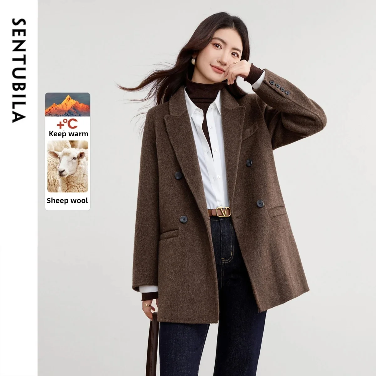 SENTUBILA mode trajet laine manteaux pour femme cran revers Double boutonnage vestes 2025 solide classique vêtements pour femmes W44O56673