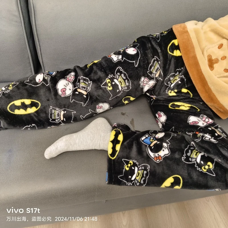 Sanrio pijama y2k olá kitty batman pijama outono calças dos desenhos animados senhoras quente casual estilo de pelúcia flanela calças bonitos roupas