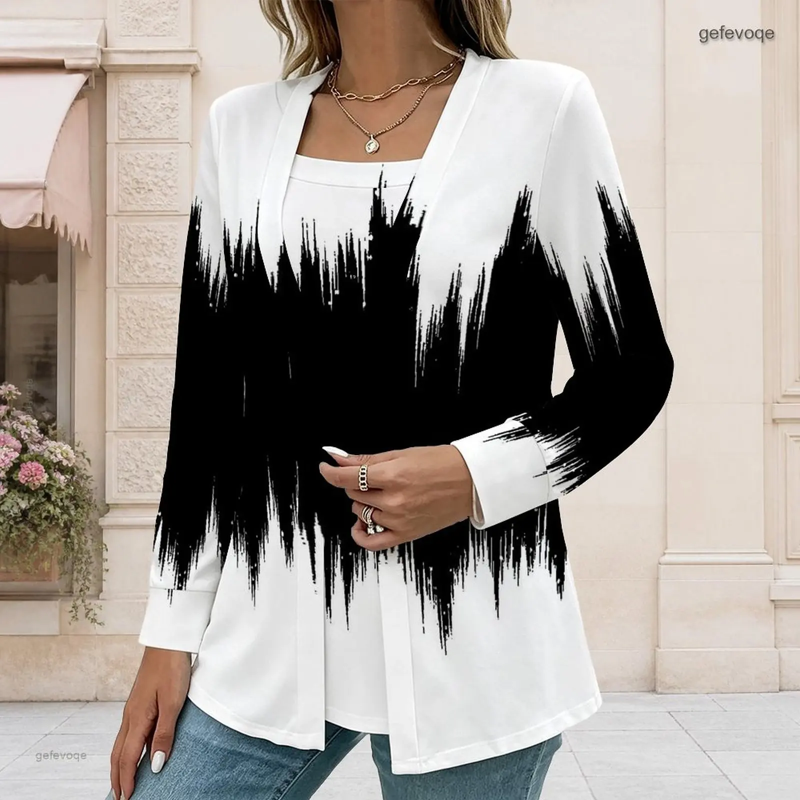 Women Top Set with Print Square Neck Inner Top Long Sleeve Open Front Outer Top Two Piece
