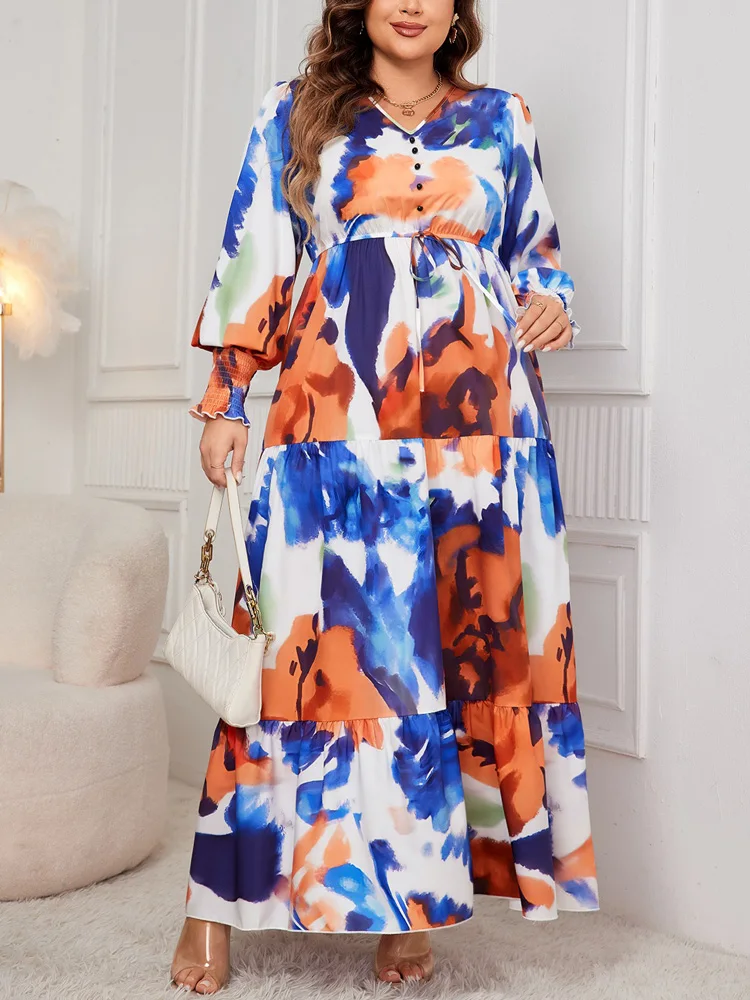 GIBSIE Plus Size Printing V-neck Knot Front High Waist Dress 2024 Autumn New Women Casual Long Sleeve Ruffle Hem Maxi Dresses