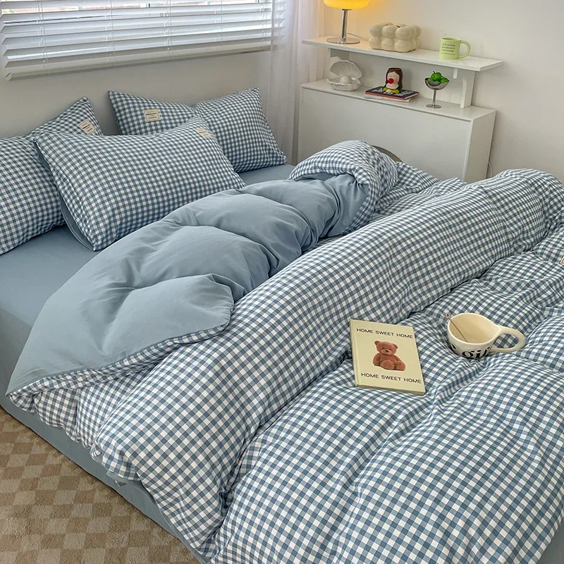 Japanese Style Blue Check Bedding Set 100% Polyester Soft Duvet Cover Set King Queen Plaid Bed Linen with Sheet and Pillowcases