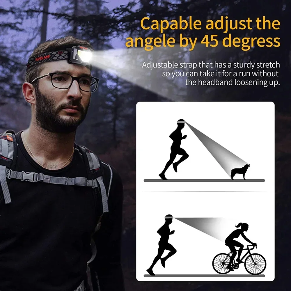 Potente linterna frontal con Sensor LED, linterna frontal recargable por USB, linterna frontal para búsqueda de acampada, linterna frontal para pesca