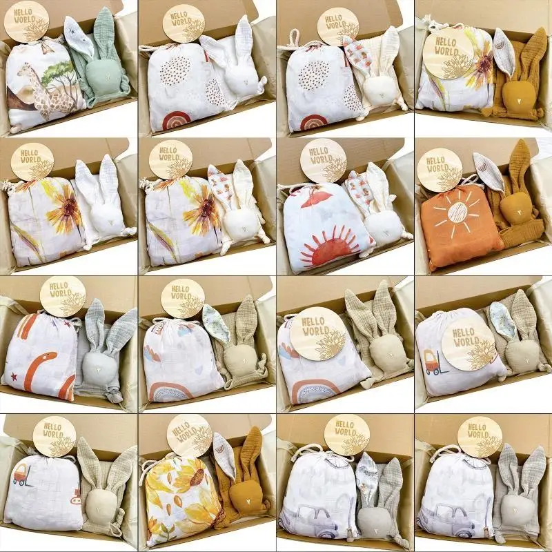 L38E Cotton Baby Crib Cot Sheet Appease Towel Memorial Chip Set Gift Supplies for Newborn Baby Girls Boys Baby Shower