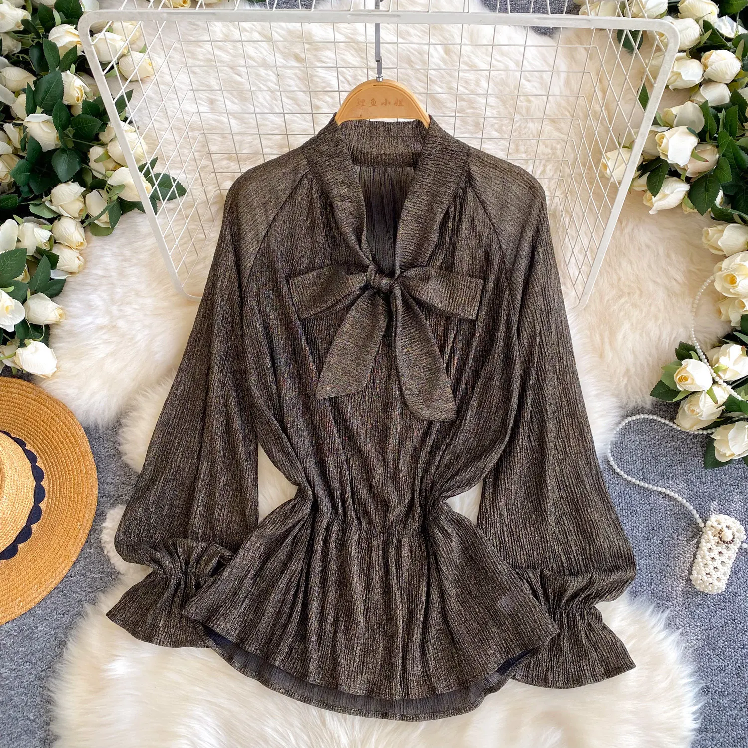 

Women Blouse Solid Shirts Bow Lace Up Lantern Long Sleeves V Neck None Strech Loose Fit Office Lady Casual Elegant 2026 Spring