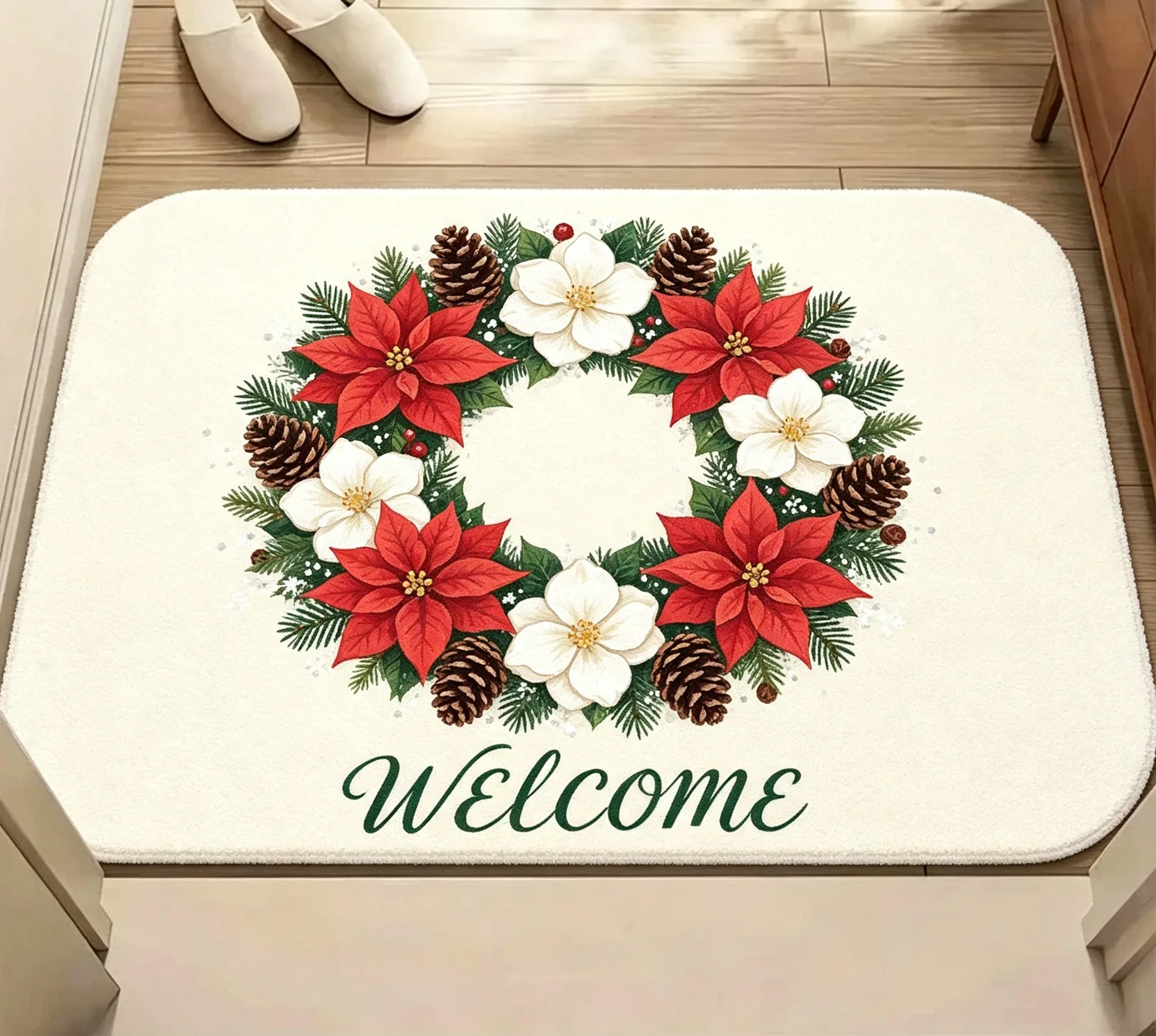Wreath Welcome Text Pine Branch Berry Rug For Christmas Doorstep Decor Durable Outdoor Floor Mat