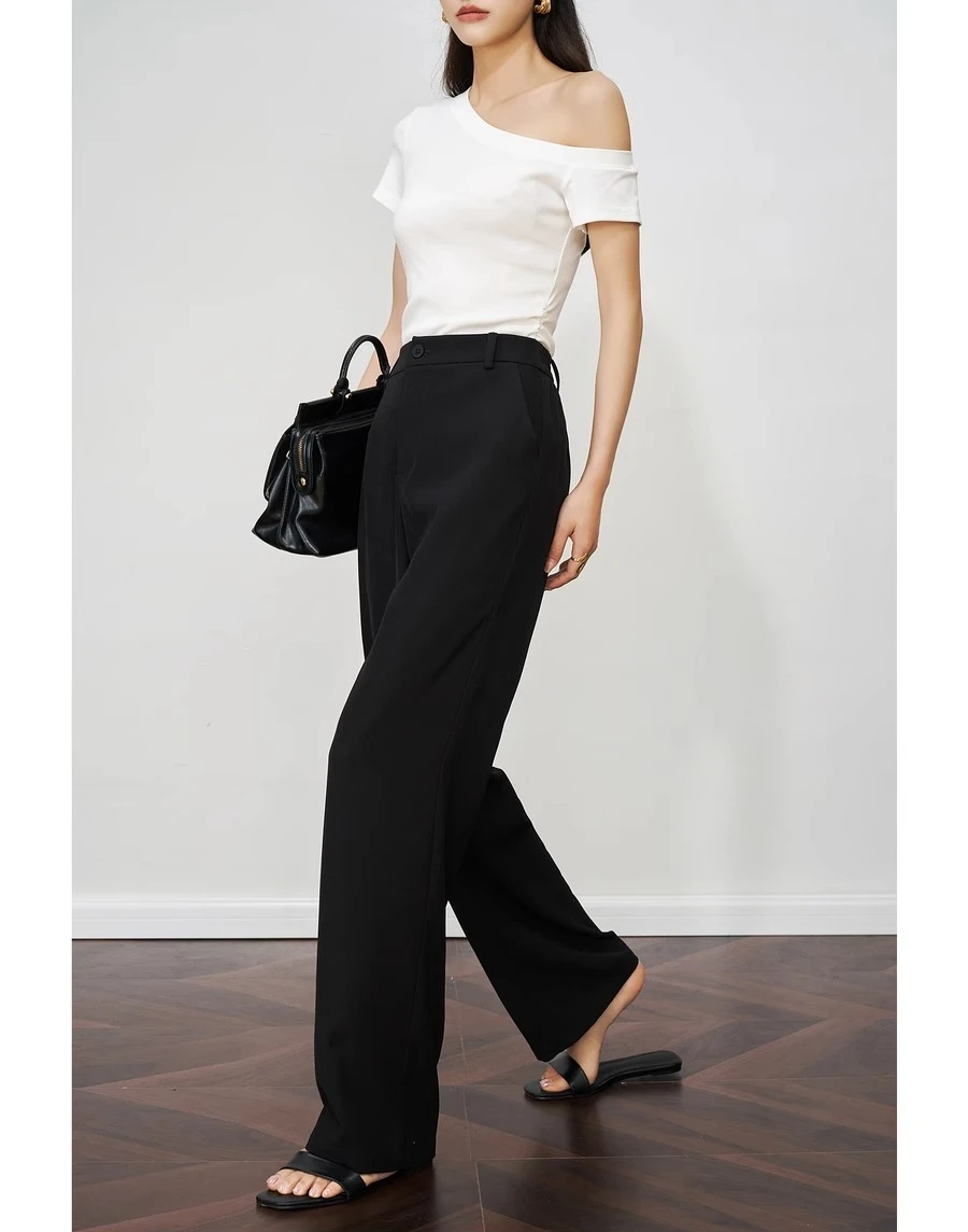 

OLrain Straight Black Pants Office Ladies Tailored Trousers 2025 Women High Waist Wide Leg Full Length Dress Pants O57XK98600