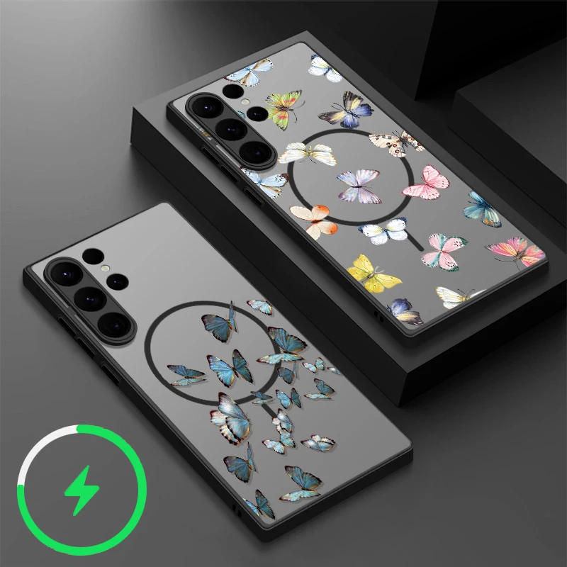 Colorful Butterfly Case For Samsung Galaxy S25 Ultra S21 FE S22 S23 Plus S24 Ultra Capa Magnetic For Magsafe Matte Back Cover