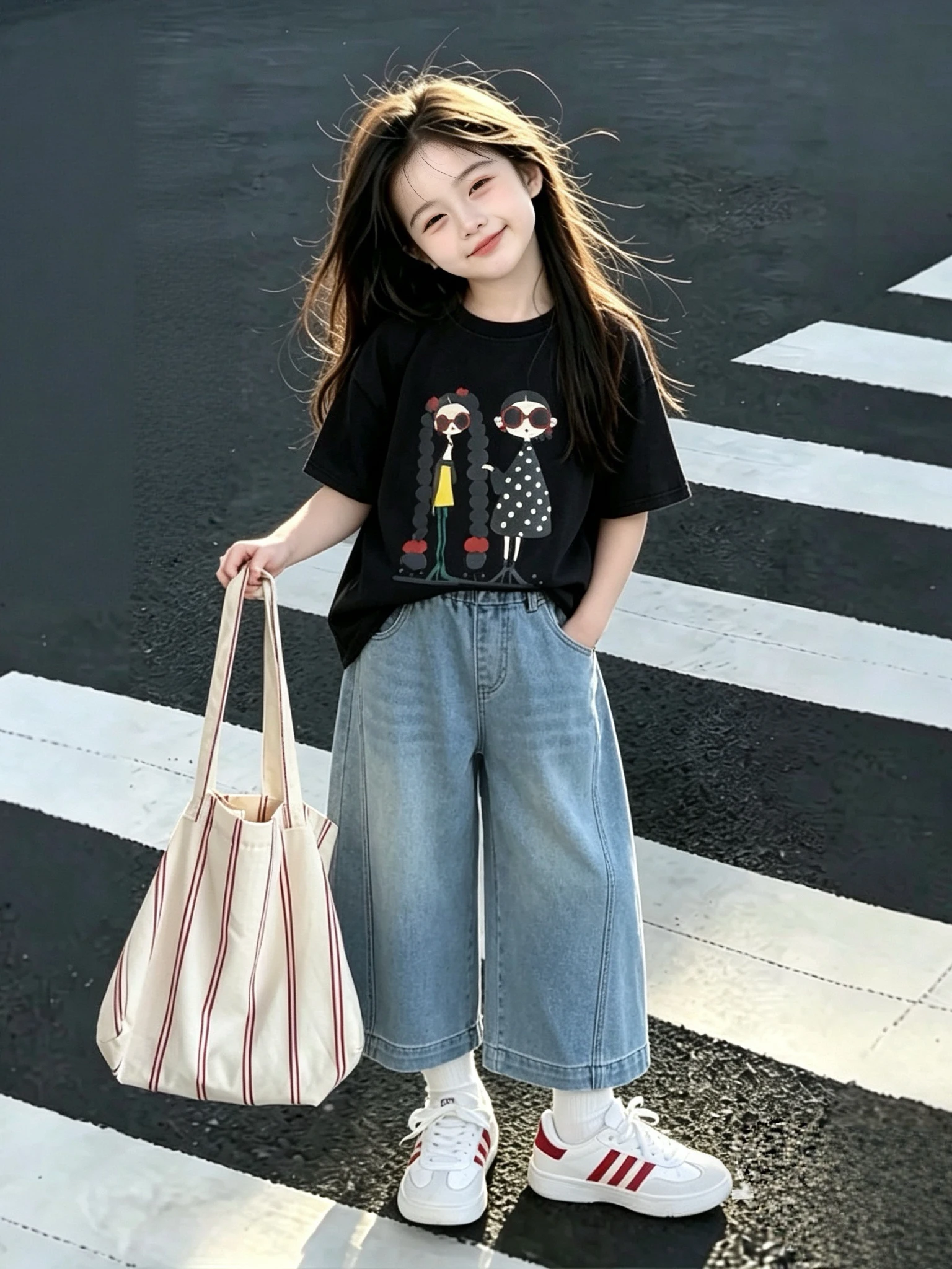 女の子夏用ラウンドネックtシャツ半袖ルーズフィット子供用プリントカジュアルスタイル韓国版トップス4歳向け
