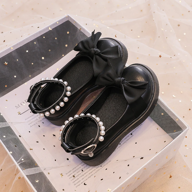 Girls Leather Shoes for Wedding Party Kids Flats Pearls Ankle Strap Shoes Children Sweet Princess School Shoes 2024 Autumn Brand