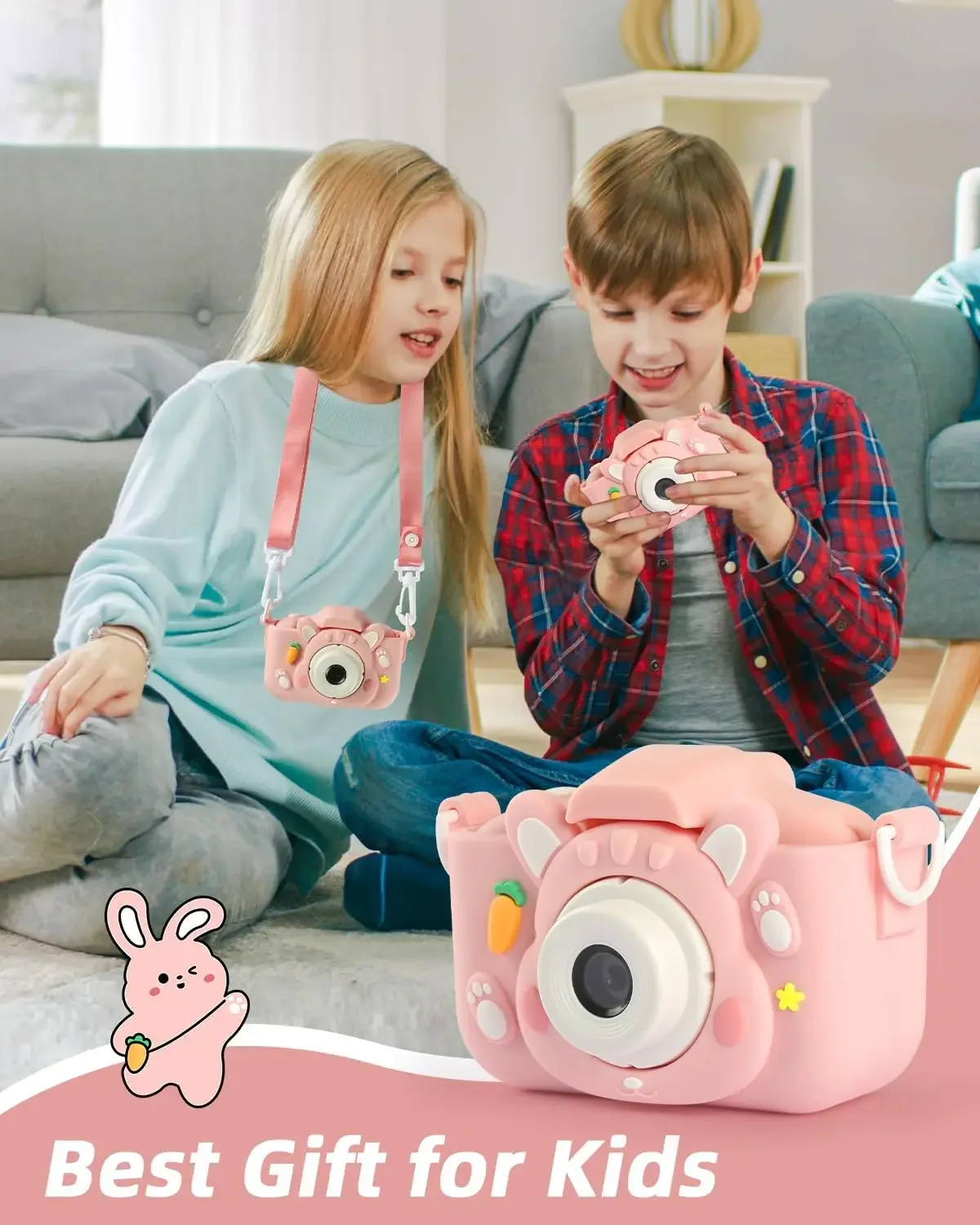 Fotocamera digitale per bambini giocattoli 1080P schermo da 2.0 pollici custodia per coniglio cartone animato scheda da 32GB per regali Festvial di