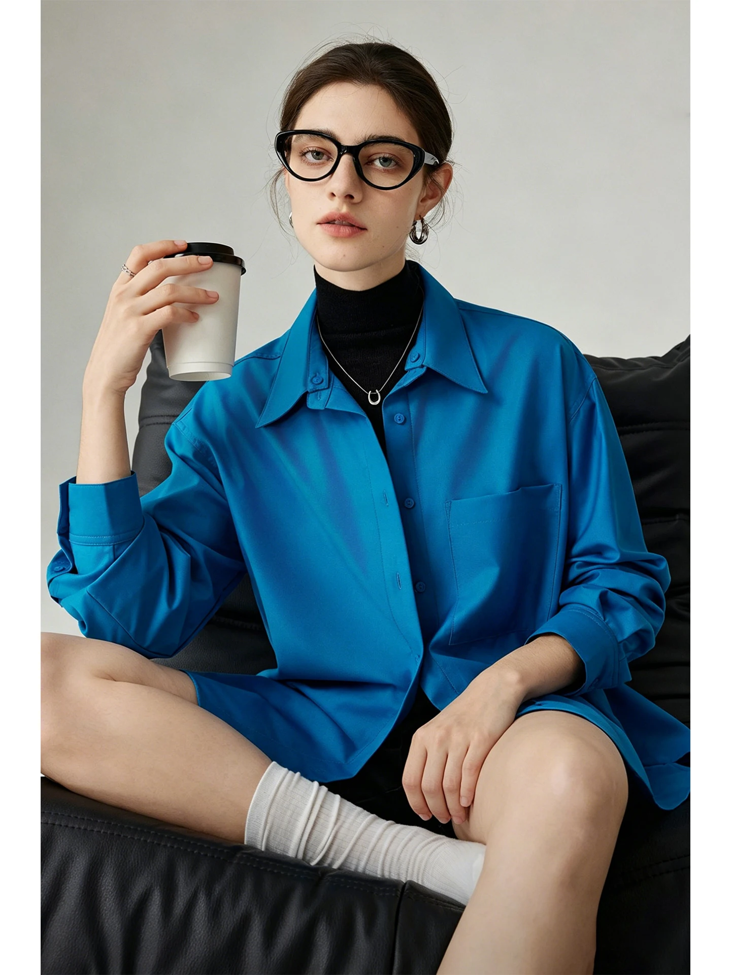 Two-Way Wearable Klein Blue Shirt with Detachable Collar for Women Vintage Style Commute Long Sleeve Polyester Casual Shirt