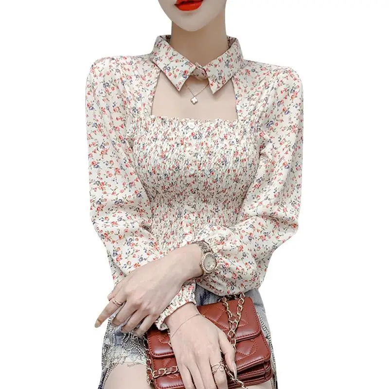 

2026 Floral Chiffon Shirt New Spring Summer Women Collect Waist Hollow Out Tops Vintage Blouse Women Longsleeve Short Shirt 3XL